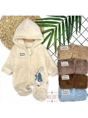 Omarı Rabbit Nakışlı Tulum - Tüylü ve Fermuar Kapamalı Sevimli Bebek Kıyafeti
