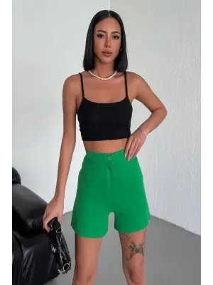 Omarı Rahat ve Tarz Yüksek Bel Likralı Yeşil Krep Şort