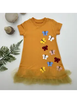 Omarı Renkli Kelebek Desenli Fırfırlı Çocuk Elbisesi Turuncu