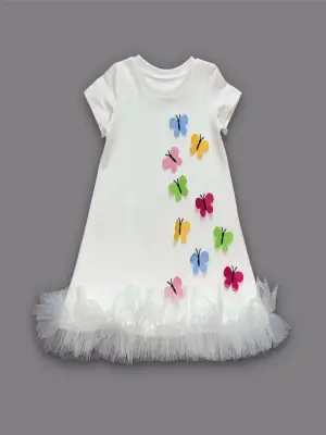 Omarı Renkli Kelebek Nakışlı Fırfırlı Çocuk Elbisesi