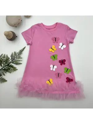 Omarı Renkli Kelebek Nakışlı Fırfırlı Çocuk Elbisesi Pembe