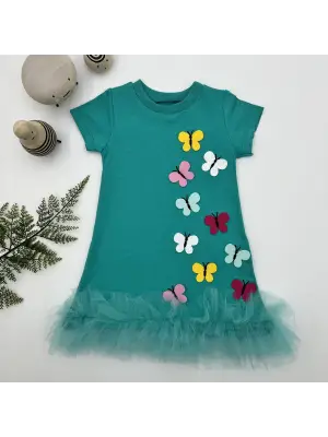 Omarı Renkli Kelebek Nakışlı Fırfırlı Çocuk Elbisesi - Turkuaz