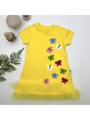 Omarı Renkli Kelebekler Nakışlı Fırfırlı Jile Çocuk Elbisesi