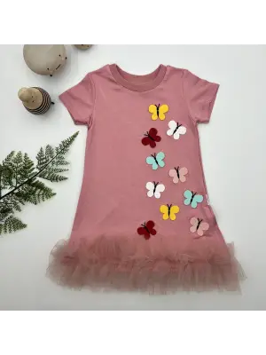 Omarı Renkli Kelebekler Nakışlı Fırfırlı Jile Çocuk Elbisesi