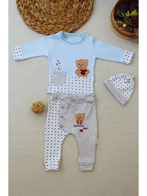 Omarı Romantik Ayıcık Nakışlı Bebek Takımı Mavi