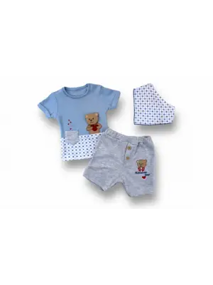 Omarı Romantik Ayıcık Nakışlı Kısa Kollu 3lü Bebek Takımı Mavi