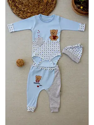 Omarı Romantik Ayıcık Nakışlı Şapkalı Bebek Takımı Mavi