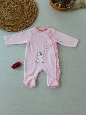 Omarı Romantik Fil Nakışlı Kız Bebek Tulumu