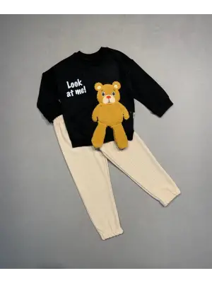 Omarı Sallanan Ayak Desenli Çocuk Takımı - Siyah