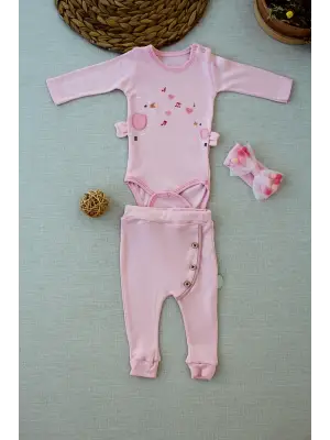 Omarı Şarkıcı Kuşlar Nakışlı Bebek Kız Takımı - Pembe