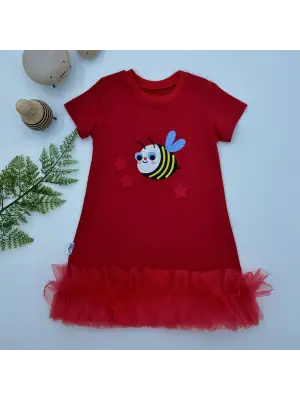 Omarı Sevimli Arıcık Nakışlı Kırmızı Fırfırlı Bebek Elbisesi