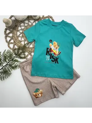 Omarı Sevimli Ayı Desenli 2li Bebek Erkek Takımı
