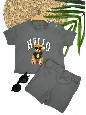 Omarı Sevimli Ayıcık Desenli Kısa Kollu Bebek Takımı