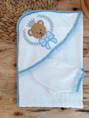 Omarı Sevimli Bear Nakışlı 2li Erkek Bebek Havlu Takımı