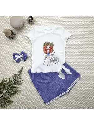 Omarı Sevimli Bisikletli Kız Bebek 3lü Kot Takımı - Mavi