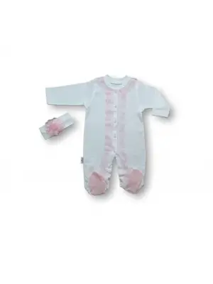 Omarı Sevimli Dantelli Bandanalı Kız Bebek Tulumu - Ekru