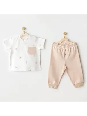 Omarı Sevimli Hayvan Desenli Bebek 2li Takım Beige