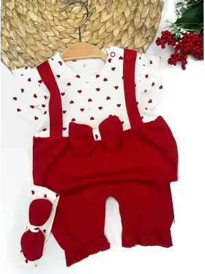 Omarı Sevimli Kalp Desenli Bandanalı Kız Bebek Takımı