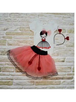 Omarı Sevimli Kalp Nakışlı Tütü Etek 3lü Kız Bebek Takımı