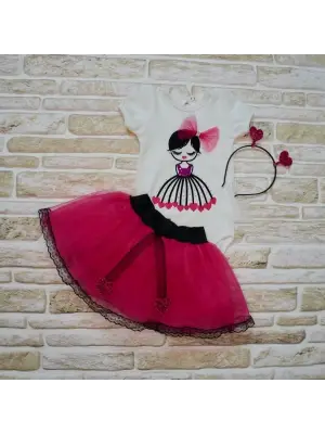 Omarı Sevimli Kalp Nakışlı Tütü Etek Kız Bebek Takımı