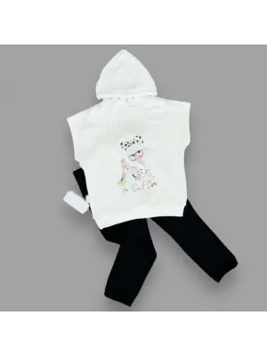 Omarı Sevimli Kapşonlu Kız Erkek Çocuk Takımı Siyah