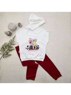 Omarı Sevimli Kız Çocukları İçin Kapşonlu Kırmızı Takım