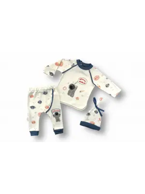 Omarı Sevimli Kozmonot Nakışlı Bebek Takımı Ekru