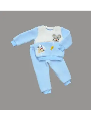 Omarı Sevimli Kuzu Desenli Sweat Pantolon Kız Erkek 2 Li Takımı Mavi