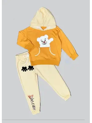 Omarı Sevimli Pelüş Ayı Desenli Kapşonlu Çocuk Takımı Turuncu