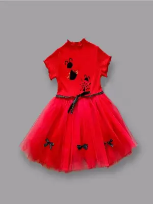 Omarı Sevimli Uğur Böceği Nakışlı Kırmızı Kız Çocuk Elbisesi