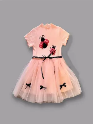 Omarı Sevimli Uğur Böceği Nakışlı Kız Çocuk Elbisesi