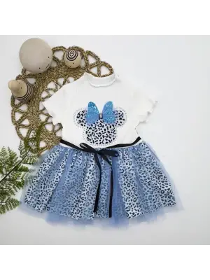 Omarı Şık Fiyonk Detaylı Kız Bebek Tütü Elbisesi Turkuaz-Ekru