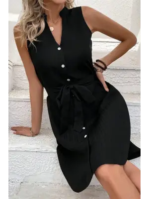 Omarı Şık Kadın Hakim Yaka Düğmeli Keten Elbise