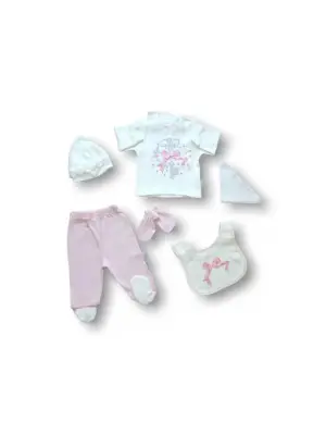 Omarı Şık Kanaviçe Nakışlı 5 Parça Zıbın Takımı Pembe