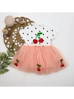 Omarı Şık Kiraz Nakışlı Tütü Elbisesi Pudra