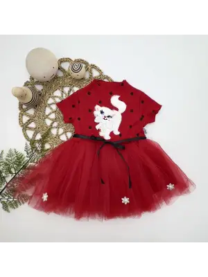 Omarı Şık Kırmızı Payetli Kedicik Baskılı Bebek Elbisesi