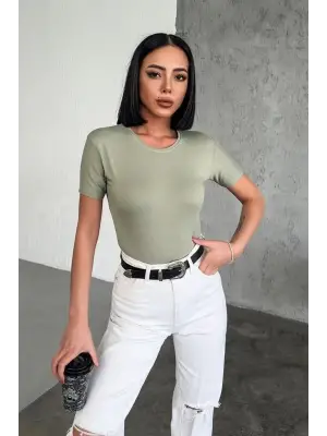 Omarı Şık ve Rahat Kısa Kollu Viskon Penye Body Haki