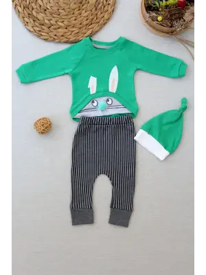 Omarı Şımarık Tavşan Nakışlı Bebek Sweat Takımı - Yeşil