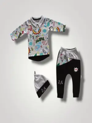 Omarı Şirin Kedi Nakışlı Bebek Sweat Takımı Siyah