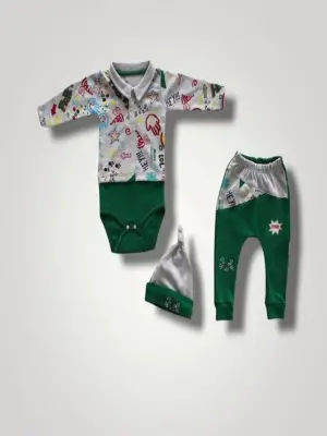 Omarı Şirin Power Kedi Nakışlı Bebek Takımı - Yeşil