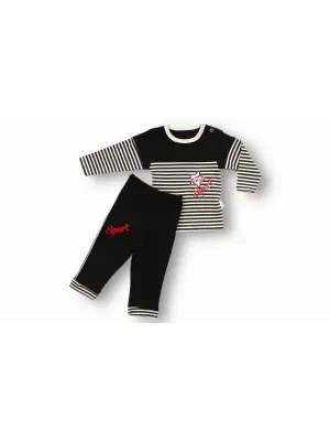 Omarı Sport Baskılı Çizgili Uzun Kollu Erkek Bebek Takımı Siyah