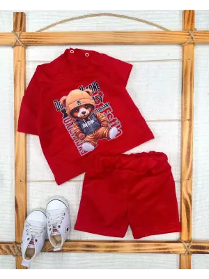 Omarı Süper Tatlı Dansçı Ayıcık Desenli Bebek Erkek Kıyafet Takımı