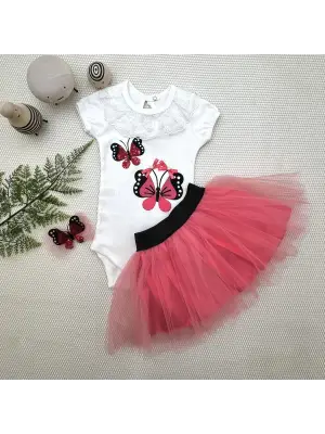 Omarı Taçlı Kelebek Nakışlı Tütü Kız Bebek Takımı