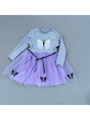 Omarı Taşlı Kelebek Desenli Kız Çocuk Lila Tütü Elbise