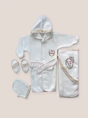 Omarı Tatlı Kaplan Nakışlı Bebek Havlu Takımı Pembe