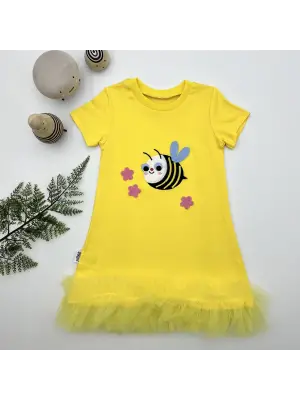 Omarı Tatlılıkta Öne Çıkan Arıcık Nakışlı Kız Çocuk Eteği Elbisesi Sarı