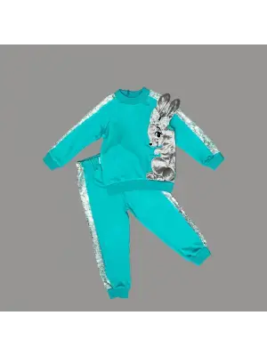 Omarı Tavşan Desenli Payetli Çocuk Takımı - Mint Yeşili