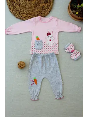 Omarı Tavşan Nakışlı Bandanalı Kız Bebek Sweatli Takım
