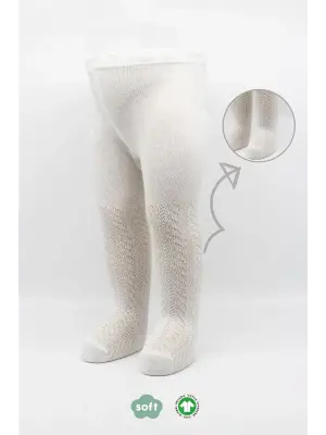 Omarı Tekli Zikzak Desenli Penye Külotlu Çorap - Ekru Renkli