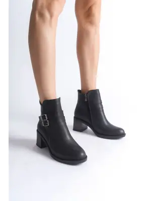 Omarı Tokalı Fermuarlı Rahat Tabanlı Bayan Bot - Siyah